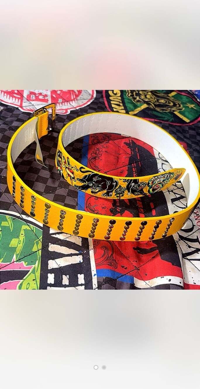 Size 34 Ed Hardy Yellow Panther Graphic Belt with Silver Grommets